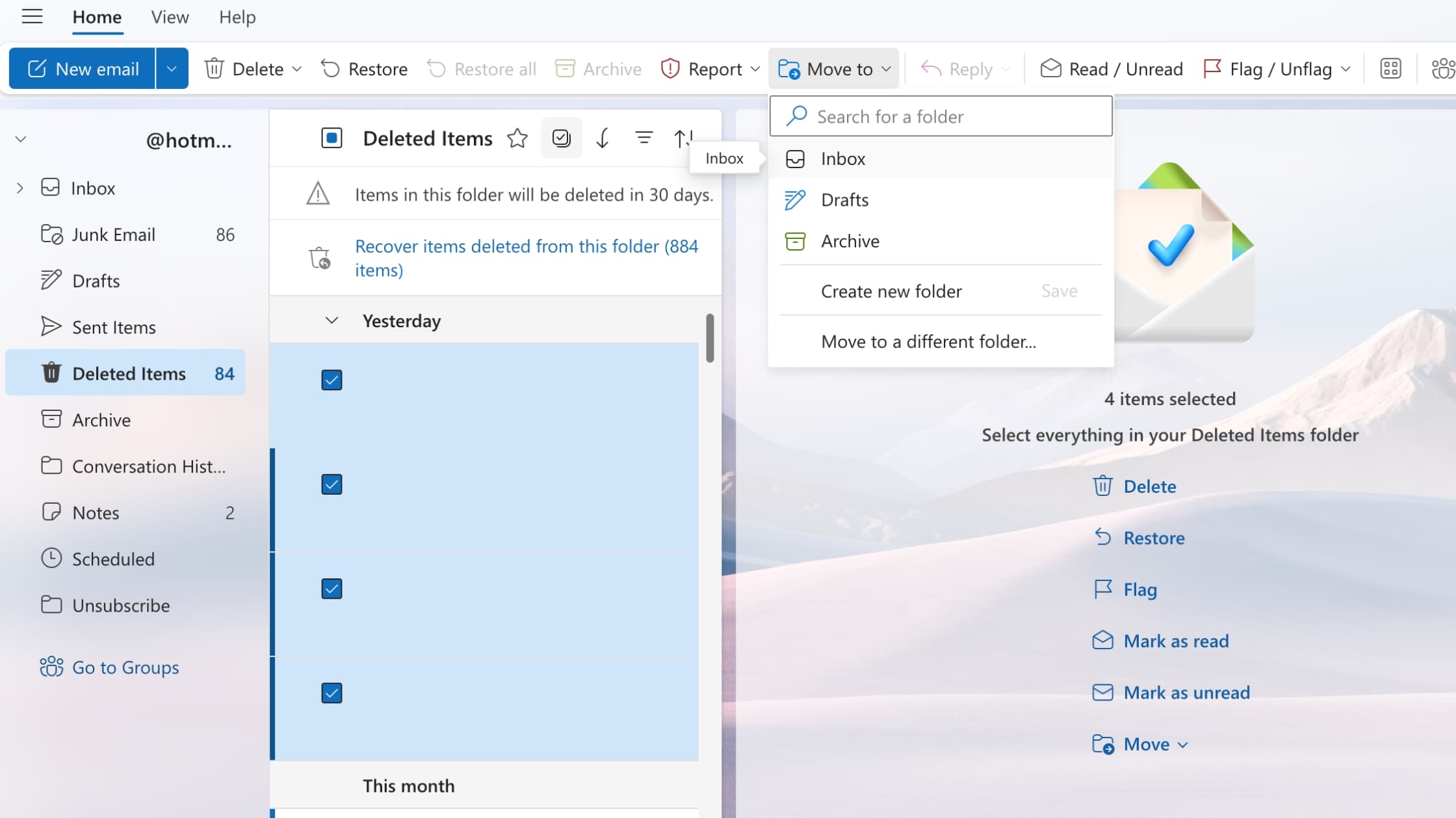 How to recover deleted emails in Outlook (web): Step 2