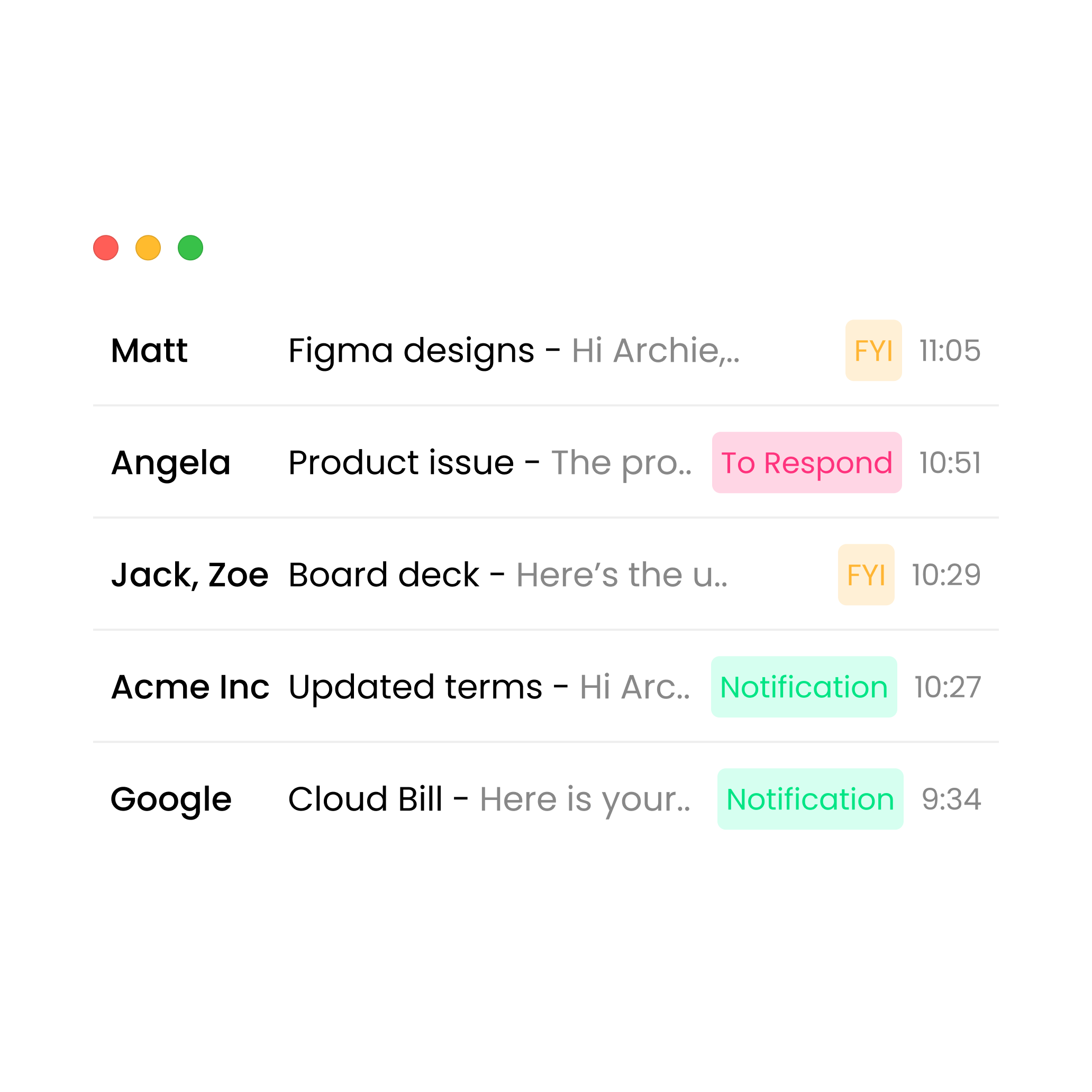 An image of an email inbox with emails triaged into the following categories: 'To respond', 'FYI' and 'Notification'.